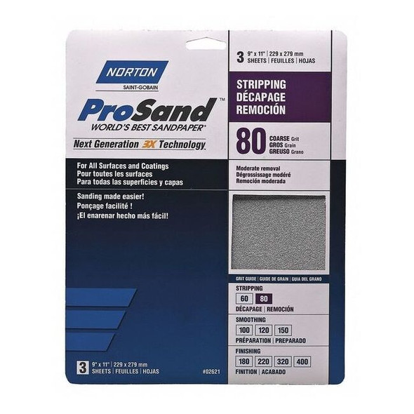 Norton Abrasives Sandpaper Sheet,11 in L,9 in W,PK3 07660768163