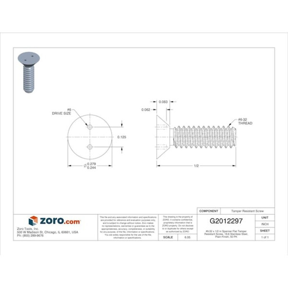 #6-32 x 1/2 in Spanner Flat Tamper Resistant Screw, Plain Finish, 18-8 Stainless Steel, 50 PK