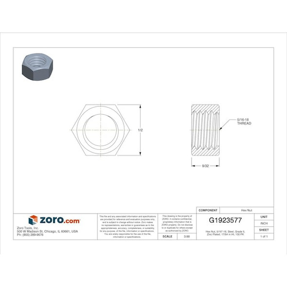 Hex Nut, 5/16"-18, Steel, Grade 5, Zinc Plated, 17/64 in Ht, 100 PK