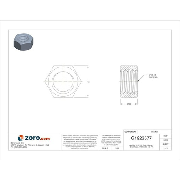 Hex Nut, 5-16"-18, Steel, Grade 5, Zinc Plated, 17-64 in Ht, 100 PK  N01300.031.0001