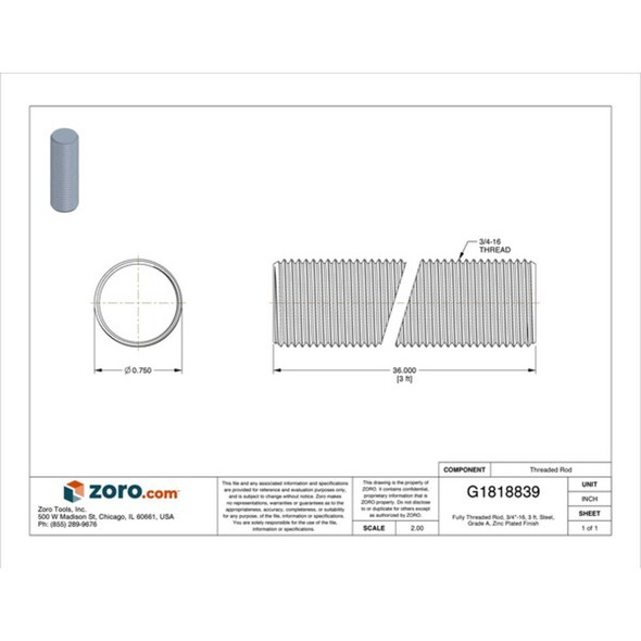 Fully Threaded Rod, 3-4"-16, 3 ft, Steel, Grade A, Zinc Plated Finish  U20365.075.3600