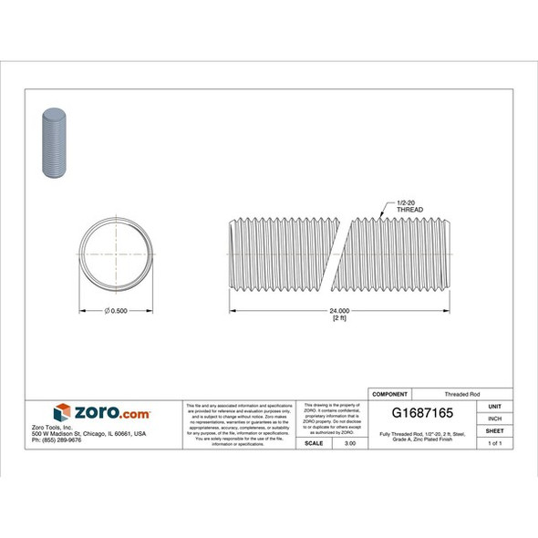 Fully Threaded Rod, 1/2"-20, 2 ft, Steel, Grade A, Zinc Plated Finish