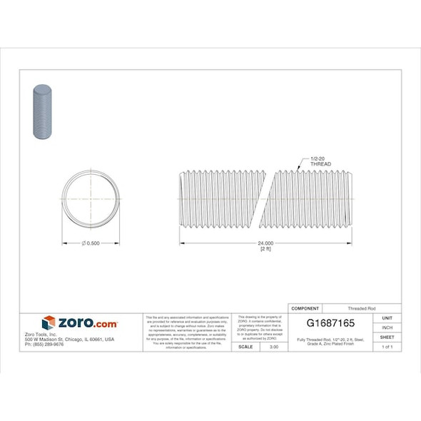 Fully Threaded Rod, 1/2"-20, 2 ft, Steel, Grade A, Zinc Plated Finish