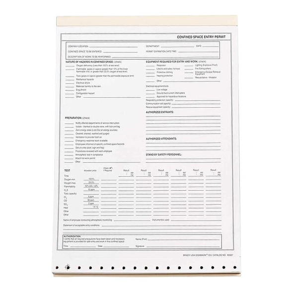 Brady Confined Space Entry Permit, 11 in Height, 8 1/2 in Width 65937