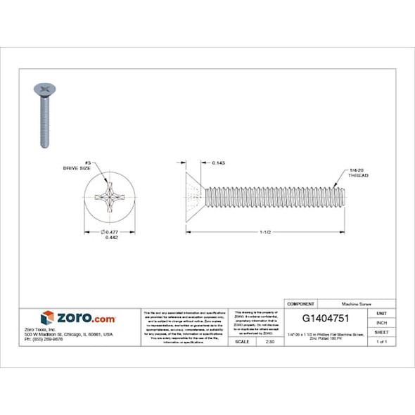 1/4"-20 x 1-1/2 in Phillips Flat Machine Screw, Zinc Plated Steel, 100 PK