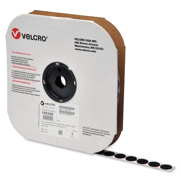 Velcro Brand Reclosable Fastener, Disc, Acrylic Adhesive, 3/4 in, Black, 1028 PK 192302