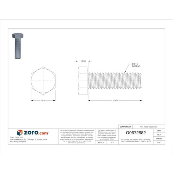 18-8, 3-8"-16 Hex Head Cap Screw, Plain Stainless Steel, 1-1-4 in L, 50 PK  U51000.037.0125