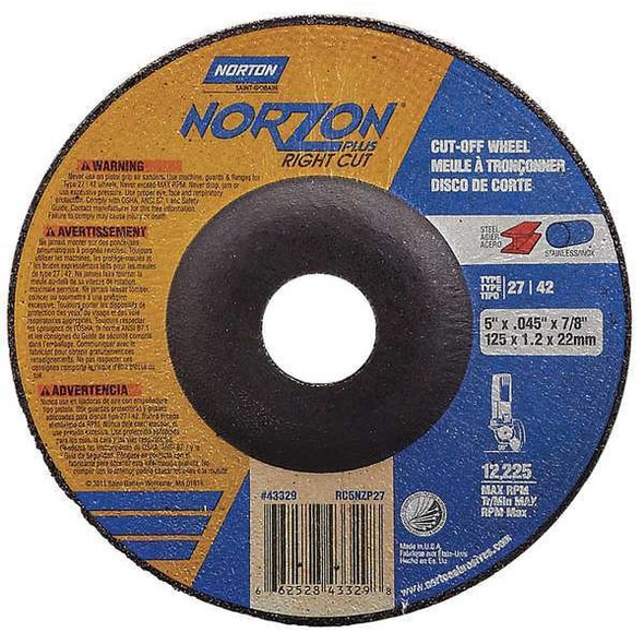 Depressed Center Cut-Off Wheel, Type 27, 4 1/2 in Dia, 0.125 in Thick, 5/8"-11 Arbor Hole Size