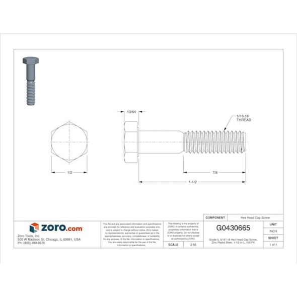 Grade 5, 5-16"-18 Hex Head Cap Screw, Zinc Plated Steel, 1-1-2 in L, 100 PK  U01200.031.0150