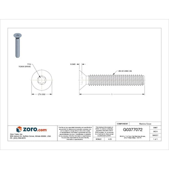 #8-32 x 1 in Torx Flat Machine Screw, Zinc Plated Steel, 100 PK  400640