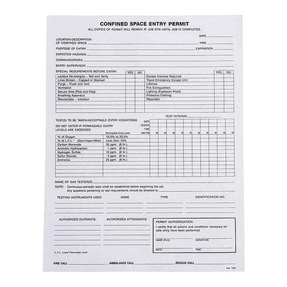 Confined Space Entry Permits, Paper, 11 in H x 8 1/2 in W, Black, White