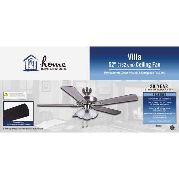 Home Impressions Villa 52 In. Brushed Nickel Ceiling Fan with Light Kit CF52VIL5BN-B 533619