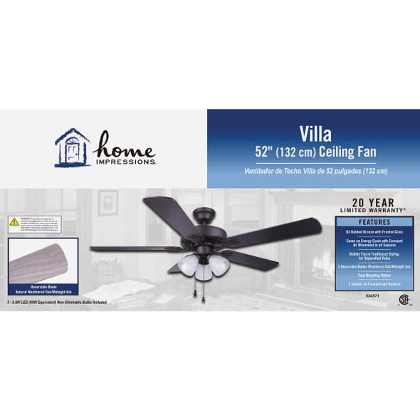 Home Impressions Villa 52 In. Oil Rubbed Bronze Ceiling Fan with Light Kit CF52VIL5ORB-B 534571
