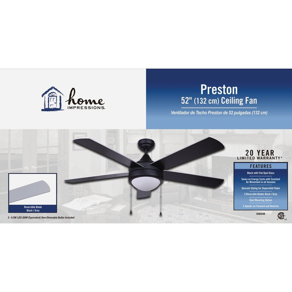 Home Impressions Preston 52 In. Black Ceiling Fan with Light Kit CF52PR35BK-B 546248