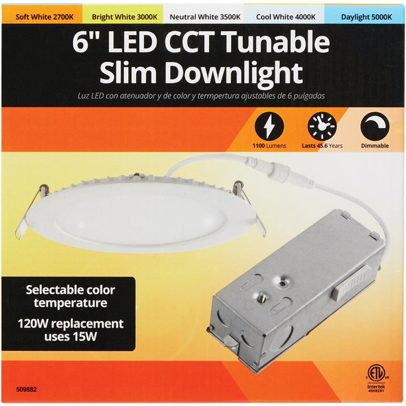6 In. New Construction IC Rated White CCT Tunable Slim LED Downlight, 1100 Lm. D916-CCT-90 509882