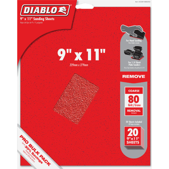 Diablo 9 In. x 11 In. 80 Grit Coarse Sandpaper (20-Pack) DCS911080S20G