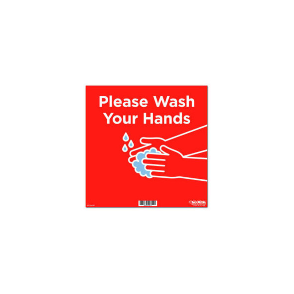 Global Industrial 12"" Square Please Wash Your Hands Wall Sign Red Adhesive