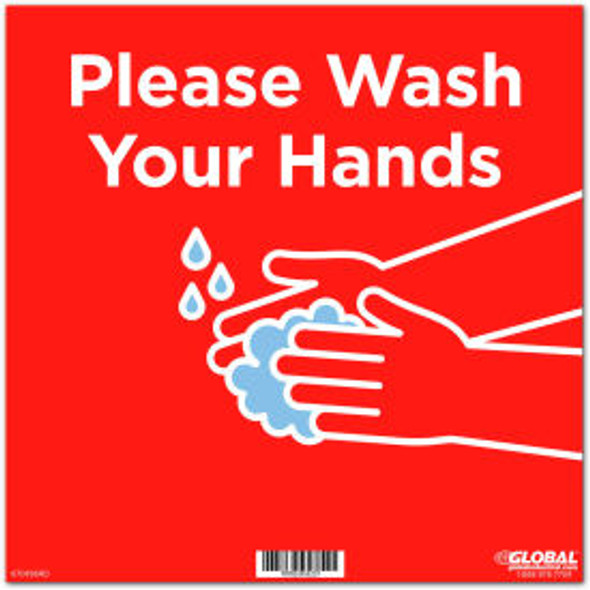 Global Industrial 12"" Square Please Wash Your Hands Wall Sign Red Adhesive