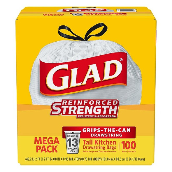 13 gal Trash Bags, 24 in x 27 1/2 in, Extra Heavy-Duty, 0.78 mil, White, PK100