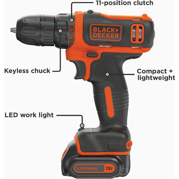 Black & Decker 12V MAX 3-8 In. Cordless Drill Kit with 1.5 Ah Battery & Charger BDCDD12C 383724