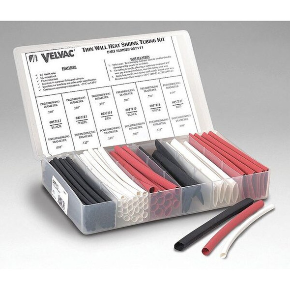 Heat Shrink Tube Kit, Thin Wall, 2:1 I.D. Shrink Ratio, Black, Red, White, 6 in