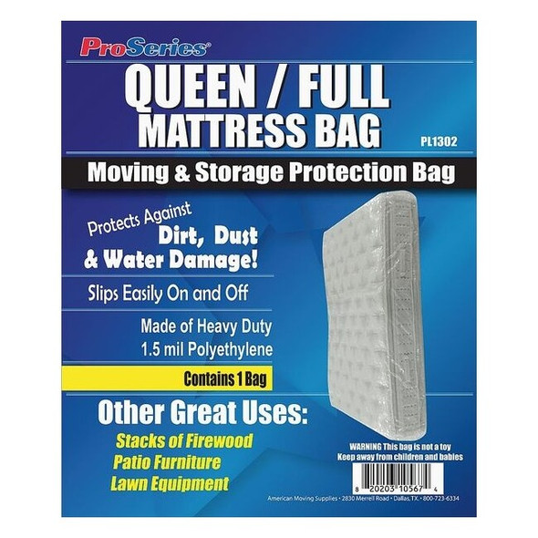 Mattress Bags, 2 mil Thick, 60" W x 92" L x 10" D, Gusseted, Queen Mattress Size