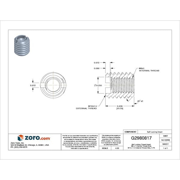 E-Z Lok Threaded Insert,M6x1mm,PK5 450-6-PK5