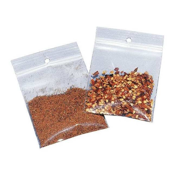 Reclosable Bag, Zip Seal, 5 in L, 3 in W, 2 mil Thick, Polypropylene, Clear