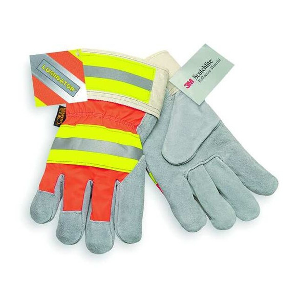 Leather Gloves, Cowhide, Safety Cuff, Wing Thumb, Full Finger, Gray, L, 1 PR