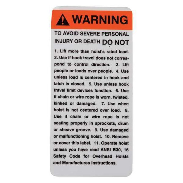 Coffing Hoists Coffing Warning Tag PB296