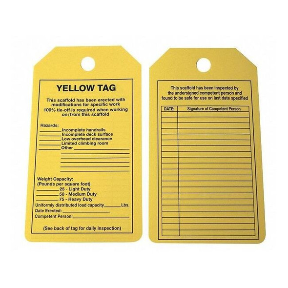 Tag, Forklift, Cardstock, 5 3/4 in H x 3 1/4 in W, Yellow, Rectangle, 25 PK