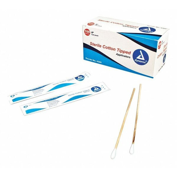 Dynarex Cotton Tip Swab, Sterile, 6" L, PK100 4305