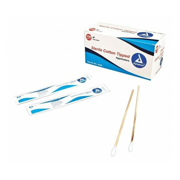 Dynarex Cotton Tip Swab, Sterile, 6" L, PK100 4305