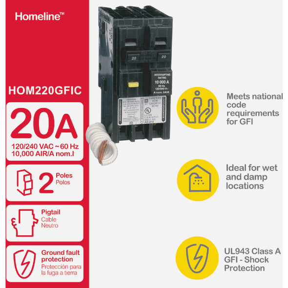 Square D Homeline 20A Double-Pole GFCI breaker HOM220GFIC 524265