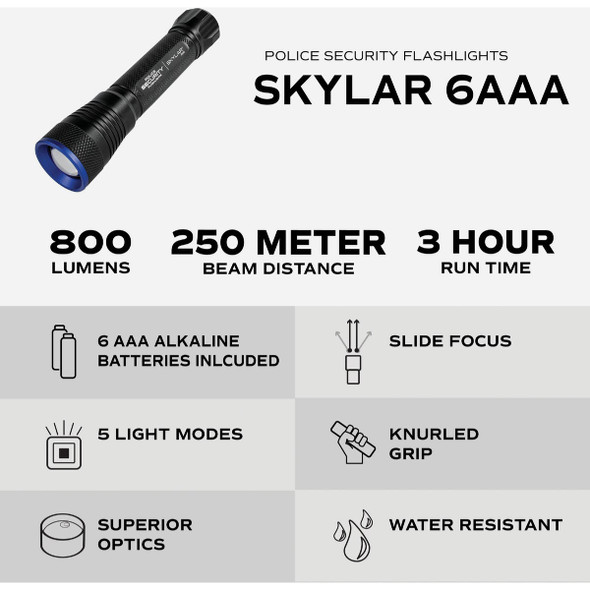 Police Security Skylar 6AAA 1000 Lm. Focusing Industrial LED Flashlight 98703 849645