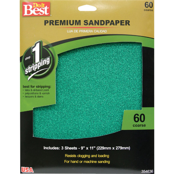 Do it Best Premium Plus 9 In. x 11 In. 60 Grit Coarse Sandpaper (3-Pack) 7260004