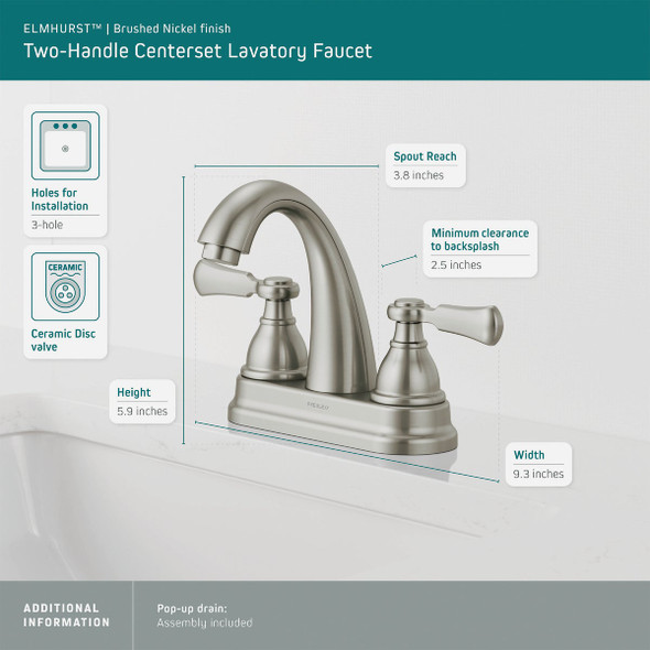 Peerless Elmhurst Brushed Nickel 2-Handle Lever 4 In. Centerset  Spout Bathroom Faucet