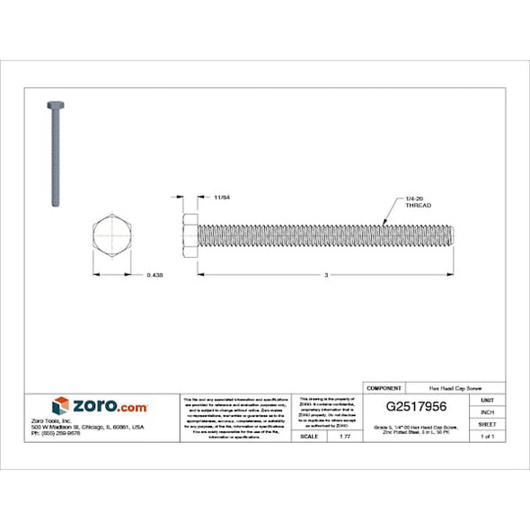 Grade 5, 1/4"-20 Hex Head Tap Bolt, Zinc Plated Steel, 3 in L, 50 PK