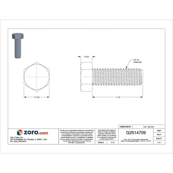 18-8, 1/2"-13 Hex Head Tap Bolt, Plain Stainless Steel, 1-1/2 in L, 10 PK