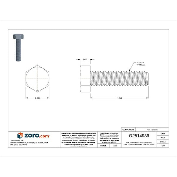 18-8, 5/16"-18 Hex Head Tap Bolt, Plain Stainless Steel, 1-1/4 in L, 50 PK