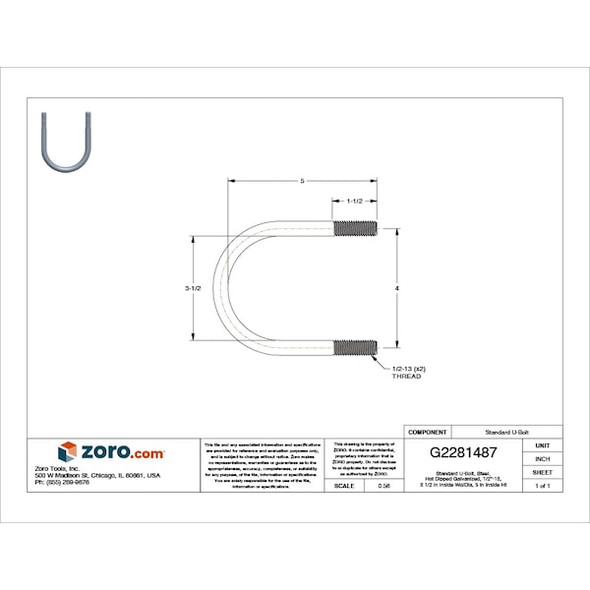 Round U-Bolt, 1/2"-13, 3 1/2 in W, 5 in H, Hot Dipped Galvanized Steel, 5 PK