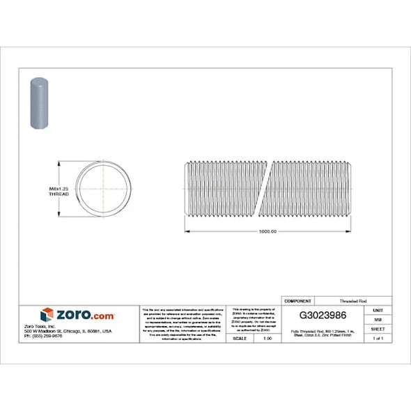 Fully Threaded Rod, M8-1.25mm, 1 m, Steel, Class 8.8, Zinc Plated Finish