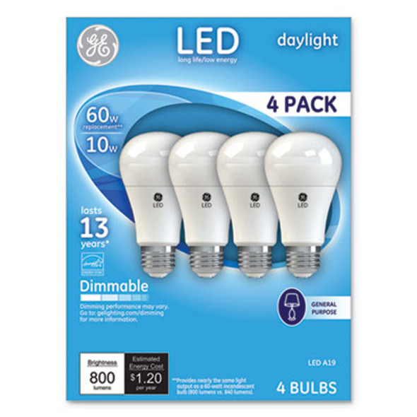 GE Led Daylight A19 Dimmable Light Bulb, 10 W, 4/pack 67616 GE Led Daylight A19 Dimmable Light Bulb, 10 W, 4/pack 67616