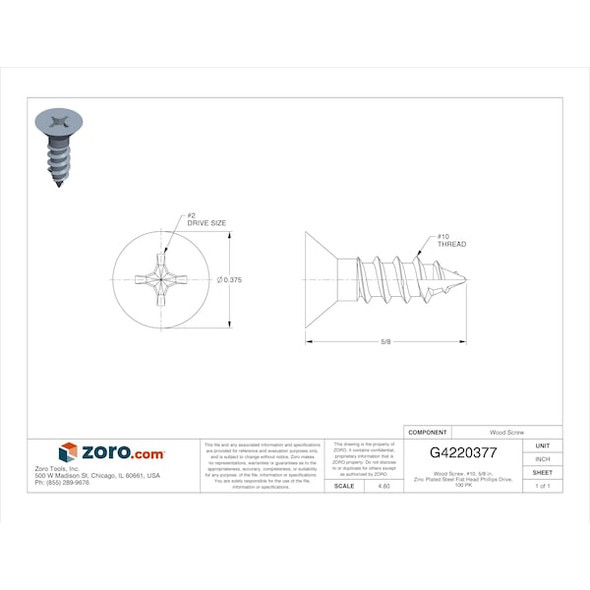 Wood Screw, No. 10, 5/8 in, Zinc Plated Steel Flat Head Phillips Drive, 100 PK