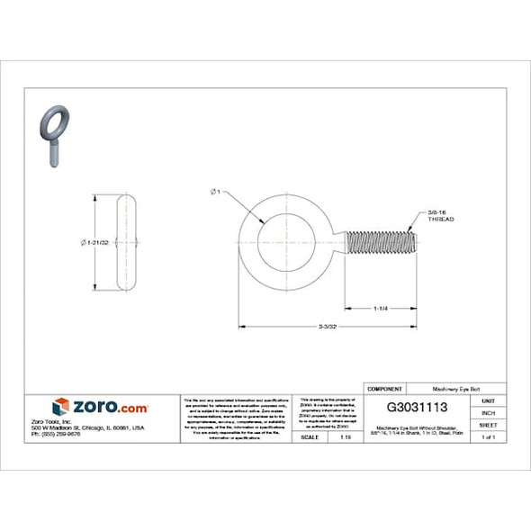 Ken Forging Eye Bolt Without Shoulder, 3/8"-16, 1-1/4 in Shank, 1 in ID, Steel, Plain K2003