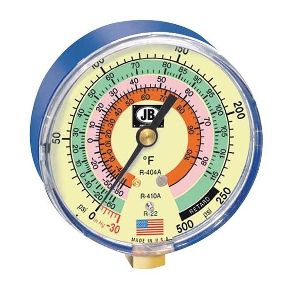 Jb Industries Gauge,3-1/8 In Dia,Low Side,Blue,500 psi M2-820