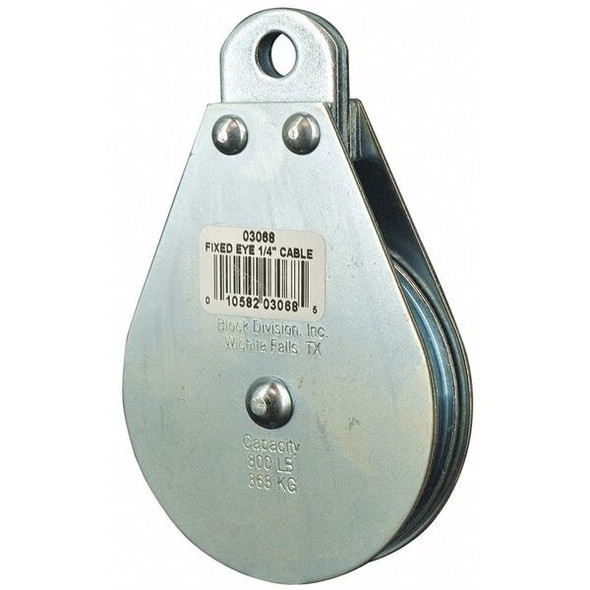 Pulley Block, Wire Rope, 1/4 in Max Cable Size, 800 lb Max Load, Zinc Plated