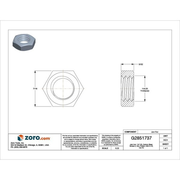 Jam Nut, 1-4"-20, Carbon Steel, Grade A, Zinc Plated, 5-32 in Ht, 100 PK  U11360.025.0001