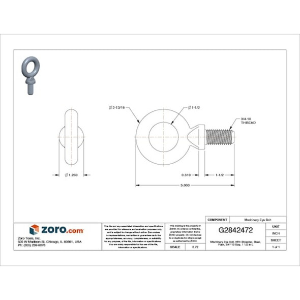 Eye Bolt With Shoulder, 3-4"-10, 1-1-2 in Shank, 1-1-2 in ID, Steel, Plain  K2028-A