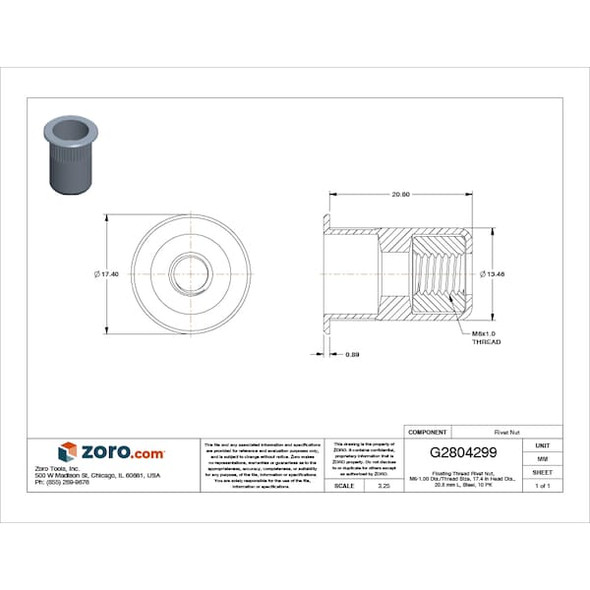 Rivet Nut, M6-1.00 Thread Size, 170.4 mm Flange Dia., 20.8 mm L, Steel, 10 PK